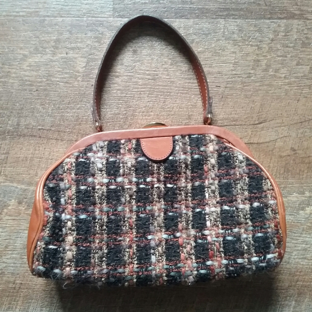Saks Fifth Avenue Leather Plaid Tweed Purse